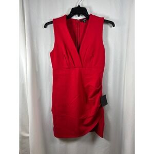 Lulus Red Sleeveless V-Neck Ruched Mini Bodycon Dress Womens Size Medium NEW